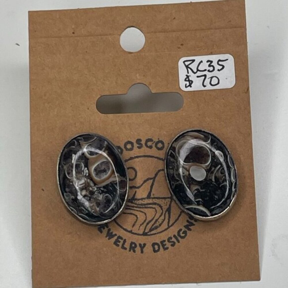 Handcrafted Oval Fossil Stone Artisan Studs Earrings by Bosco Jewelry Design